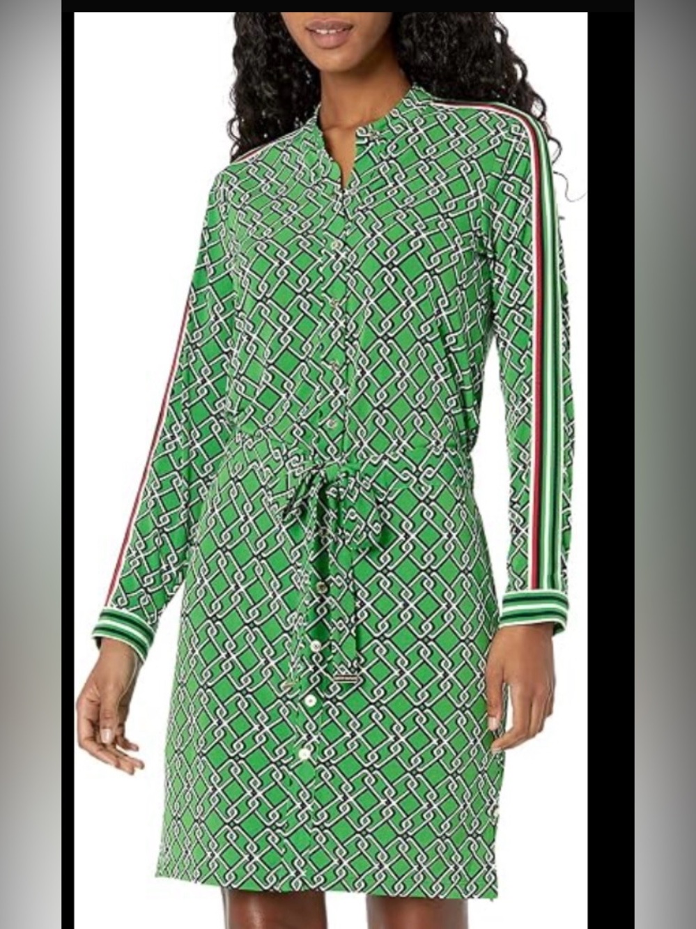 NWT Tommy Hilfiger Green Geometric Chain Link Midi Shirt Dress Tie Waist 16